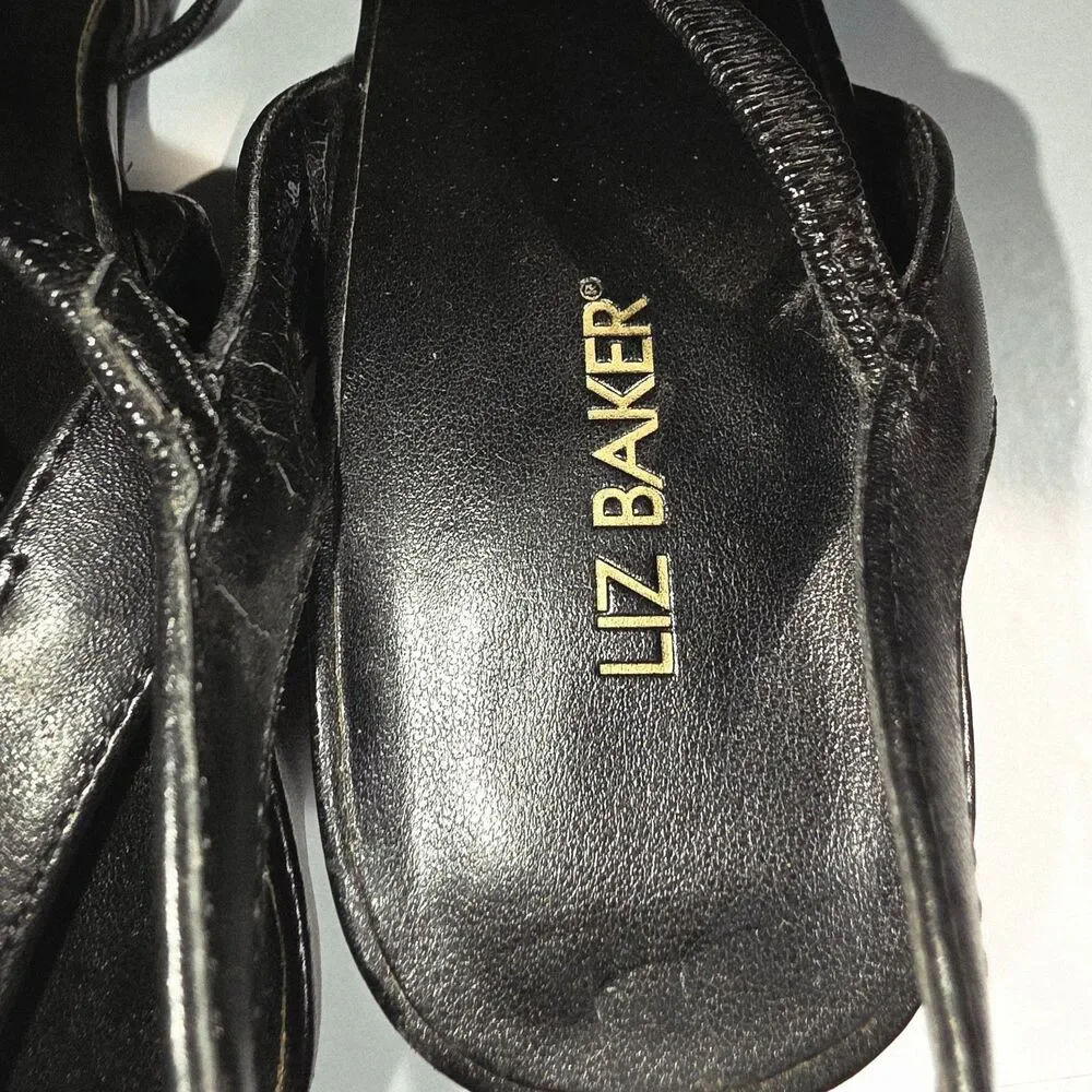 Liz Baker Sz 8 Y2K Vintage Elastic Criss Cross Strappy Black Leather Upper Heels